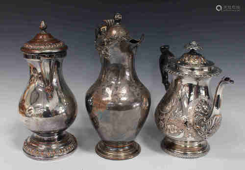 Two 19th century Sheffield plate coffee pots, one of plain baluster form with foliate capped