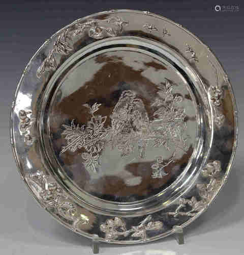 A 20th century Chinese silver circular card salver, the centre engraved with two birds perched on