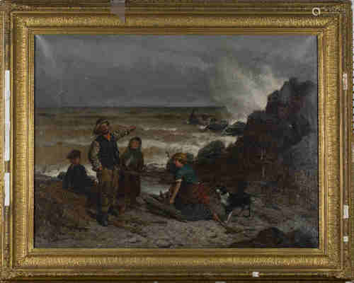 Frederick Gerald Kinnaird - Figures with a Dog on a Rocky Shore, 19th century oil on canvas, signed,