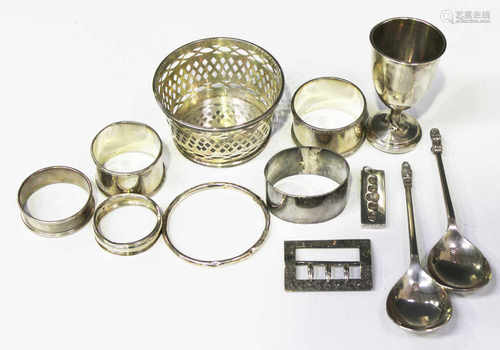 A small group of silver items, including a pierced circular dish, Birmingham 1899, five napkin