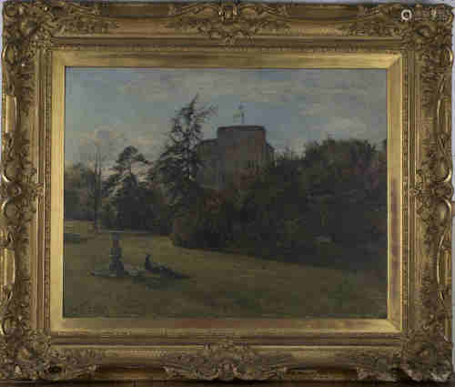 Heywood Hardy - Peacocks in a Garden, a Tower beyond, oil on canvas, signed and dated 1914, 70cm x