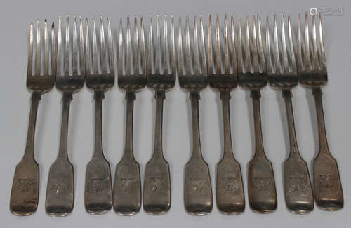 A set of ten Victorian silver Fiddle pattern tableforks, London 1857 by Samuel Hayne & Dudley Cater,