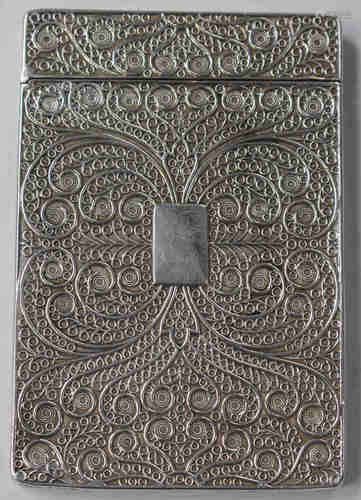 A George IV silver rectangular card case with applied filigree scrollwork decoration, Birmingham