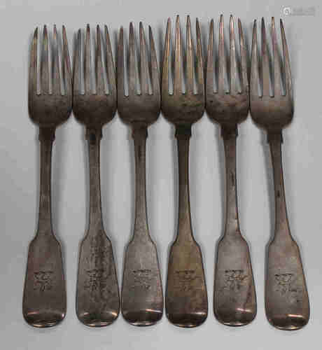 A set of six George IV Irish silver Fiddle pattern dessert forks, Dublin 1823 by Isaac Solomon,