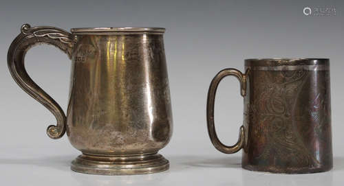 A Victorian silver christening mug of tapering cylindrical form, engraved with a scene of four