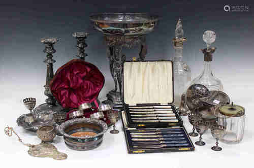 A group of mainly 19th century plated items, including a conch shell spoon warmer, a cased set of