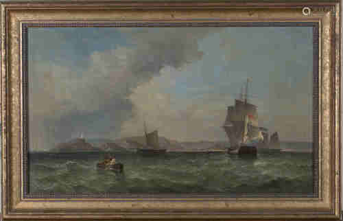 British School - Coastal Scene with Boats and Ships, Lighthouse and Distant Town, 19th century oil