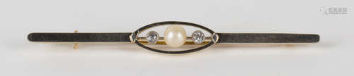 A gold, platinum fronted, diamond and cultured pearl bar brooch, circa 1910, mounted with the