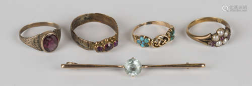 A gold, ruby and half-pearl set cluster ring, designed as a flowerhead, a gold and turquoise ring