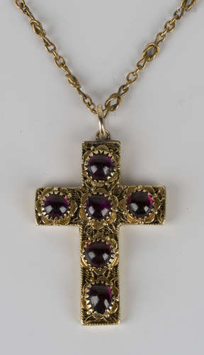 A Victorian gold and carbuncle garnet pendant cross, mounted with six carbuncle garnets within