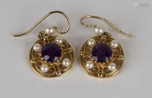 A pair of 9ct gold, amethyst and cultured pearl pendant earrings, each in a circular pierced