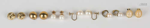 A pair of 9ct gold and cultured pearl earclips, a pair of silver gilt and imitation pearl