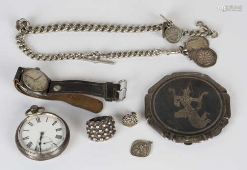 A silver graduated curblink gentleman's watch Albert chain, fitted with two silver fobs and four