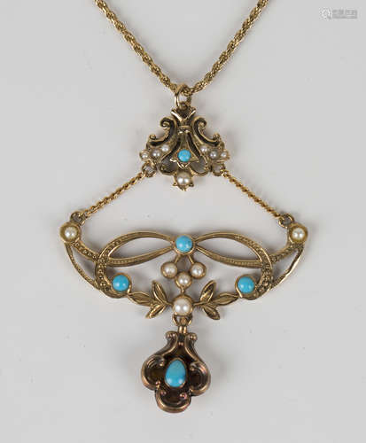 A gold, turquoise and half-pearl pearl pendant in a scrolling design, length 5.2cm, on a 9ct gold