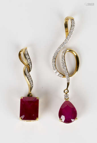 A 9ct gold, treated ruby and diamond pendant, claw set with the pear shaped treated ruby to the drop