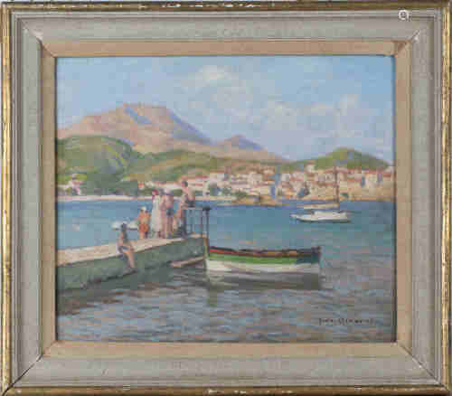 Jean Arnavielle - Mediterranean Coastal Scene, 20th century oil on board, signed, 37cm x 44cm,