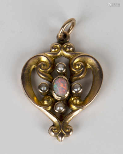 A 9ct gold, opal and seed pearl pendant in a scrolling design, length 2.8cm.Buyer’s Premium 29.4% (