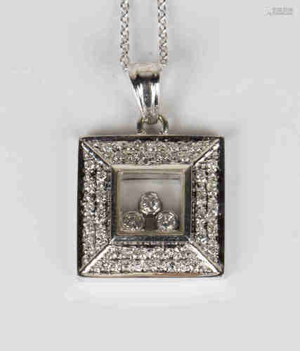 An 18ct white gold and diamond square pendant, mounted with two rows of circular cut diamonds