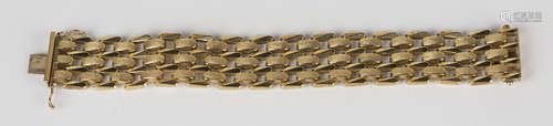 A 9ct gold bar link bracelet in a textured and plain design, on a snap clasp, with fold-over