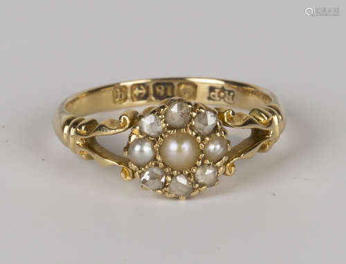 An 18ct gold, cultured pearl and diamond cluster ring, mounted with three half-pearls and six rose