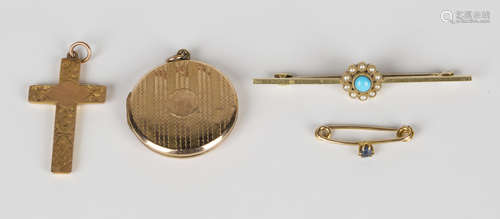 A gold, turquoise and seed pearl cluster bar brooch, detailed '15', width 5cm, a gold and blue gem