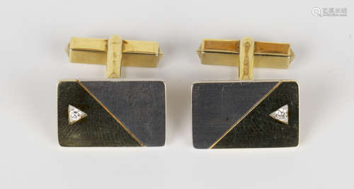 A pair of gold and diamond set cufflinks, each with a rectangular two colour front, mounted with a