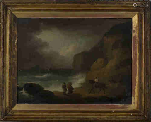 Circle of George Morland - Coastal Landscape with Figures, Horseman and Sailing Vessels, 19th