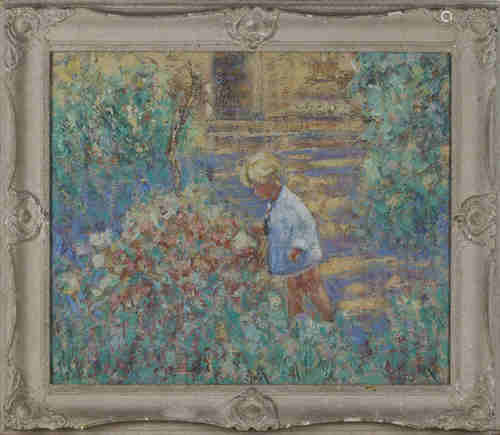 Paul Beauvais - Child in a Garden amongst Flowers, 20th century oil on board, signed, 49.5cm x 59.