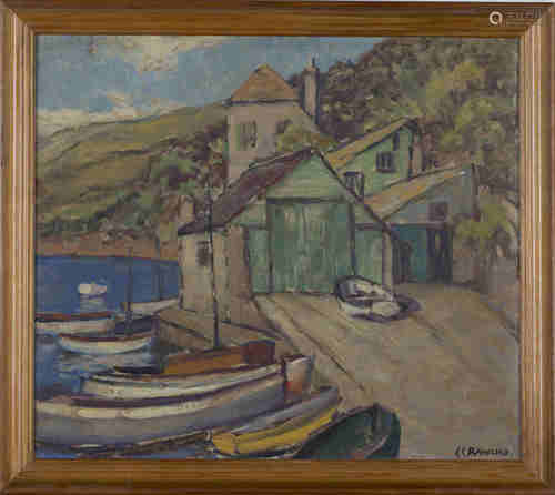 Ethel Louise Rawlins - Boats, Boathouse and Quay, 20th century oil on board, signed, 34.5cm x 39.