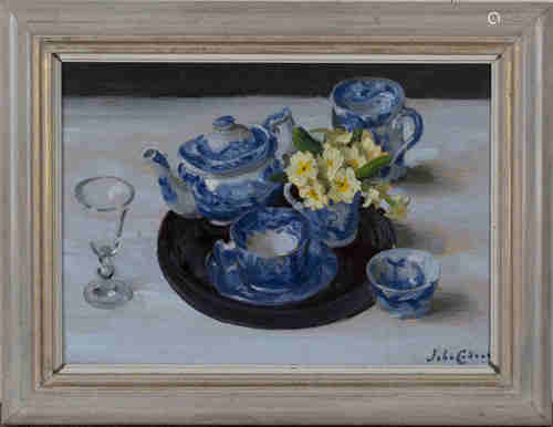 John Whitlock Codner - 'Blue and White China with Primroses', 20th century oil on board, signed