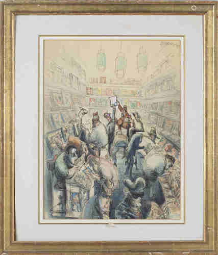 John Jensen - Men browsing Adult Magazines in a Shop, 20th century ink and watercolour, signed and