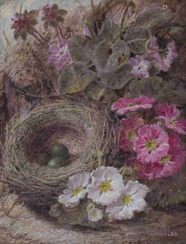 Oliver Clare - Still Life with Bird's Nest and Flowers, 19th century oil on board, signed, 19.5cm