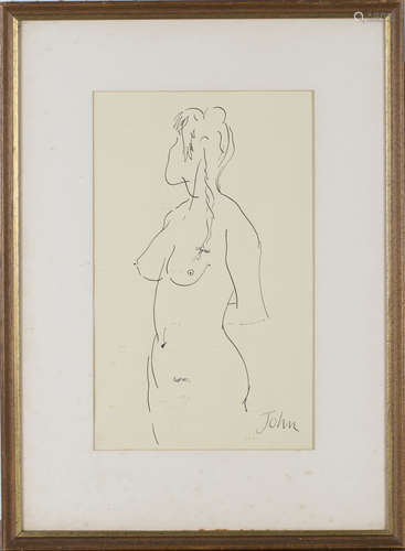 Augustus John - Nude Figure Study, 20th century pen and ink on laid paper, signed, 37cm x 22.5cm,