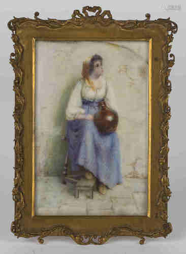 Amy Gertrude Chamberlin - Seated Young Woman holding a Ceramic Vessel, watercolour on ivory,