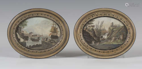 Jean Germain Drouais - Oval Capriccio Landscapes, a pair of late 18th century watercolours with