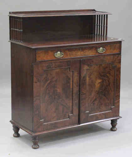 A Regency figured mahogany chiffonier, the shelf back above a single frieze drawer with applied gilt