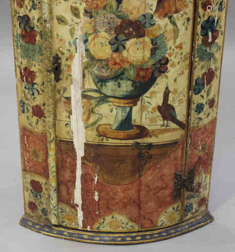 An 18th century Anglo-Dutch floral painted bowfront corner cabinet with shelf top, height 116cm,