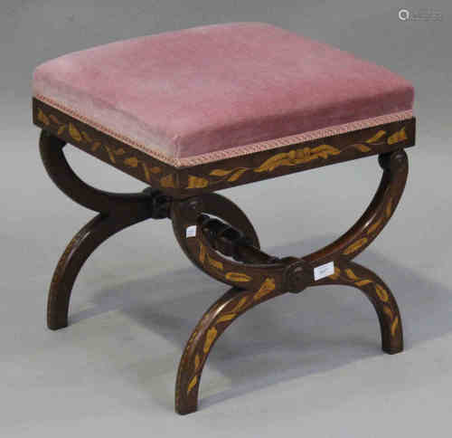 A 19th century Dutch floral marquetry mahogany 'X' frame stool, the seat overstuffed in pink velour,