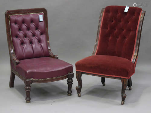 A Victorian walnut showframe lady's salon chair, upholstered in purple leather, raised on fluted