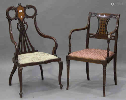 An Edwardian Neoclassical Revival mahogany and inlaid salon armchair, height 104cm, width 57cm (