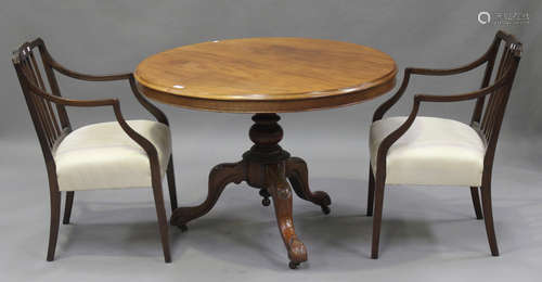 A late Victorian mahogany circular tip-top supper table, height 70cm, diameter 100cm, together