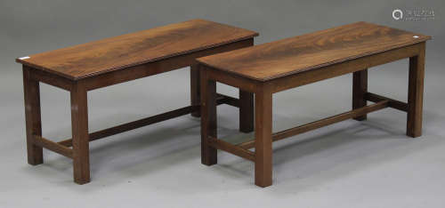 A pair of 20th century George III style figured mahogany coffee tables, on block legs, height