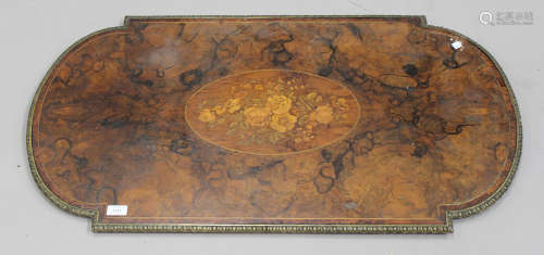 A late 19th century French walnut and floral marquetry inlaid table top with gilt metal edge,