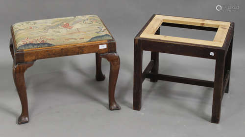 An early 20th century George I style burr wood stool with drop-in needlework seat, on cabriole legs,