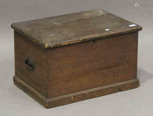 A 20th century stained pine tool chest, the hinged lid revealing a removable tray, on a plinth base,