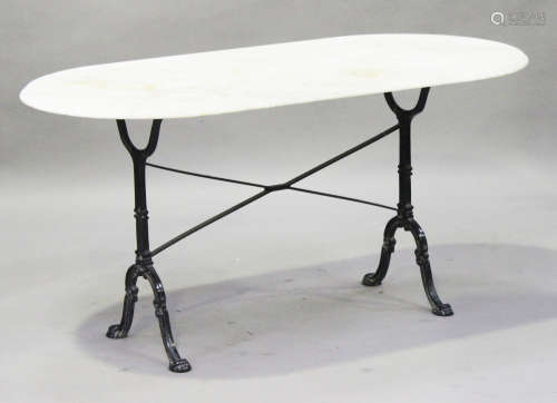 A 20th century white marble topped and cast iron garden table, height 70cm, width 139cm, depth