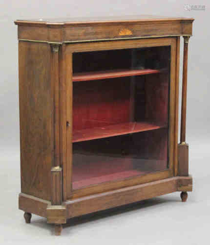 A late Victorian rosewood pier cabinet with inlaid decoration, the moulded top with projecting