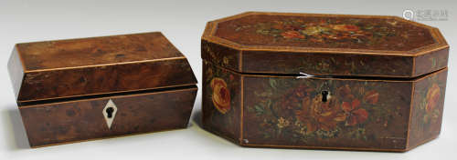 A George III burr yew canted rectangular box with painted rose sprays and boxwood stringing, width