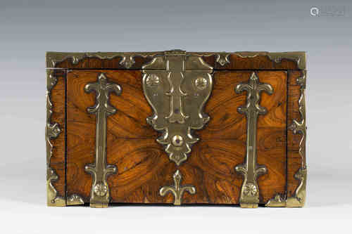 A late 17th/early 18th century oyster veneered kingwood and brass mounted coffre-fort, the hinged