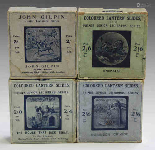 A group of magic lantern slides, including three boxed Primus Junior Lecturers' Series sets and